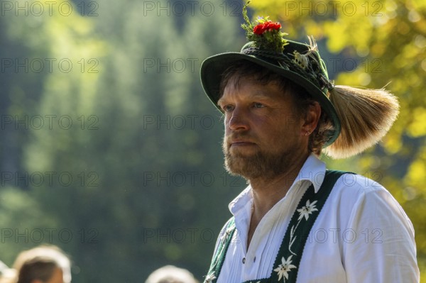 Cattle drive, herdsman, portrait, felt hat, chamois beard, traditional traditional costume, Oberstdorf, Oberallgäu, Allgäu Alps, Bavaria, Germany
