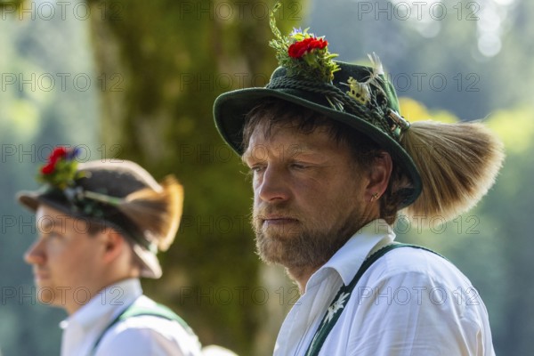 Cattle drive, herdsman, portrait, felt hat, chamois beard, traditional traditional costume, Oberstdorf, Oberallgäu, Allgäu Alps, Bavaria, Germany