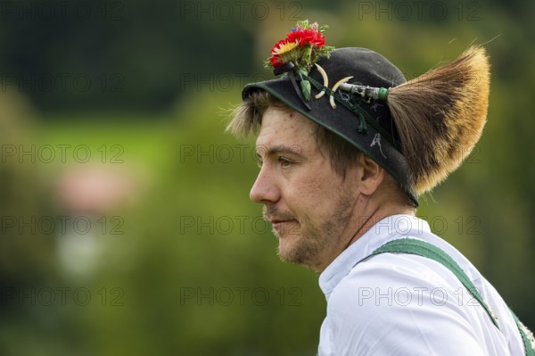 Cattle drive, herdsman, portrait, felt hat, chamois beard, traditional traditional costume, Oberstdorf, Oberallgäu, Allgäu Alps, Bavaria, Germany