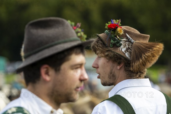 Cattle drive, herdsmen, portrait, felt hat, chamois beard, traditional traditional costume, Oberstdorf, Oberallgäu, Allgäu Alps, Bavaria, Germany