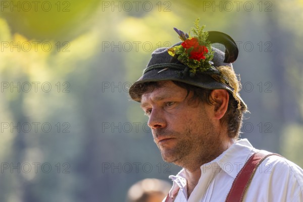 Cattle drive, herdsman, portrait, felt hat, traditional traditional costume, Oberstdorf, Oberallgäu, Allgäu Alps, Bavaria, Germany