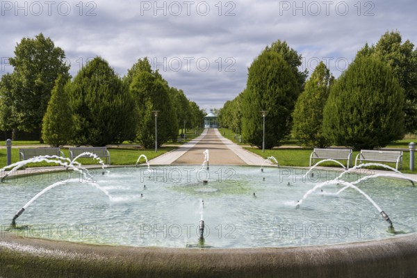 Fountain in front of the Monopteros columned temple, spa gardens, Bad Staffelstein, Upper Franconia, Franconia, Bavaria, Germany