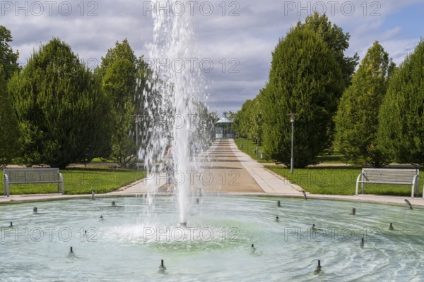 Fountain in front of the Monopteros columned temple, spa gardens, Bad Staffelstein, Upper Franconia, Franconia, Bavaria, Germany