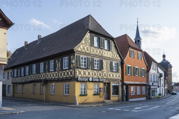 Gasthof Adam Riese, half-timbered building, old town, Bad Staffelstein, Upper Franconia, Franconia, Bavaria, Germany
