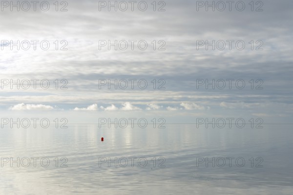 North Sea coast, special light atmosphere over the Wadden Sea with rising water and calm wind, red buoy, Norddeich, Lower Saxony, Germany