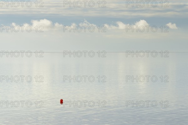 North Sea coast, special light atmosphere over the Wadden Sea with rising water and calm wind, red buoy, Norddeich, Lower Saxony, Germany