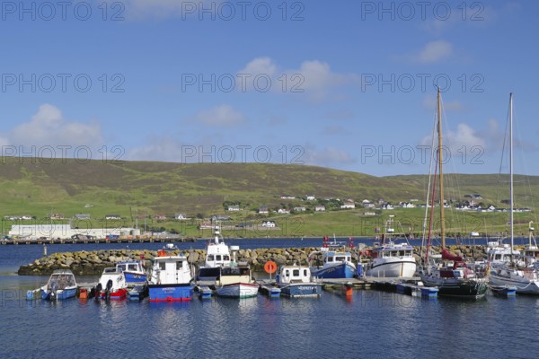 A quiet harbour with boats and a green range of hills in the background, Scalloway, Shetland Islands, Scotland, United Kingdom