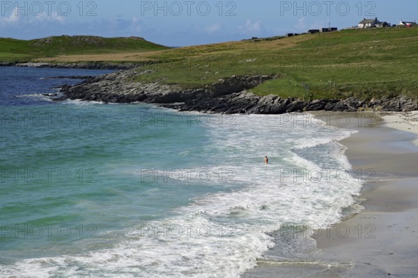 Coastline with white sand and gentle waves on a clear blue day, solitary figure in the water, Scalloway, Shetland Islands, Scotland, United Kingdom
