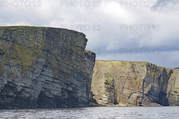 High cliffs with visible layers of rock stretch along the sea, Isle of Noss, Shetland Islands, Scotland, Great Britain