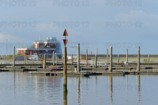 View of a navigation sign, danger spot in the marina of Norddeich, North Sea, Lower Saxony, Germany