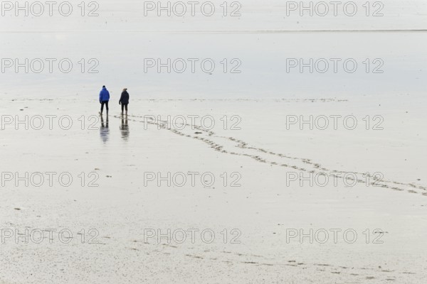 Nordseeküste, Wattenmeer, Personen gehen bei Ebbe durch das Watt, Norddeich, Niedersachsen, Deutschland