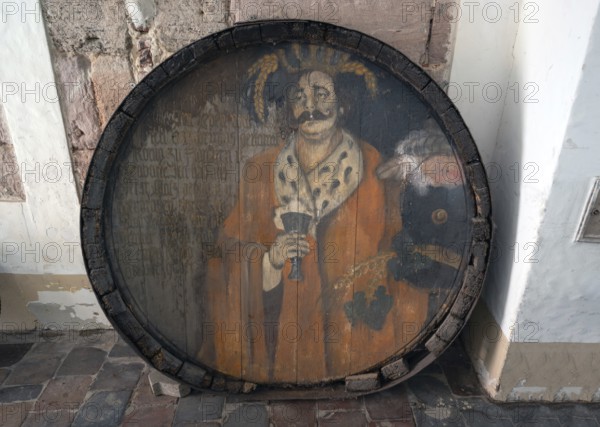 Historical lid of a large wine barrel, Nuremberg, Middle Franconia, Bavaria, Germany