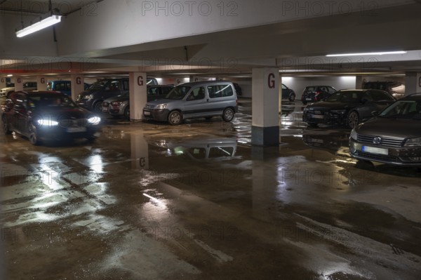 Flooded car park after a cloudburst, Nuremberg, Middle Franconia, Bavaria, Germany