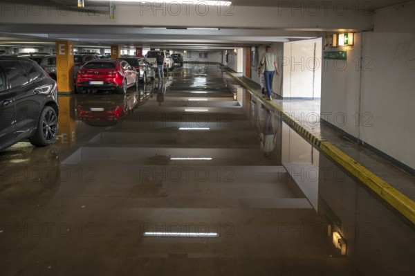 Flooded car park after a cloudburst, Nuremberg, Middle Franconia, Bavaria, Germany