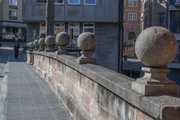 Spherical ornamentation on the Charles Bridge, built in 1728, Karlstrasse, Nuremberg, Middle Franconia, Bavaria, Germany