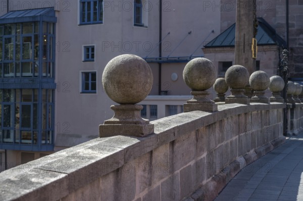 Spherical ornamentation on the Charles Bridge, built in 1728, Karlstrasse, Nuremberg, Middle Franconia, Bavaria, Germany