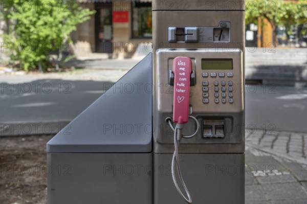 Handset and dialling keypad of a Telekom public telephone pillar, detail, Nuremberg, Central Franconia, Bavaria, Germany
