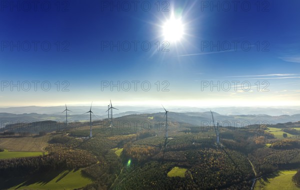 Aerial photo, wind turbines and construction site for a new wind turbine in the Riesenhagen forest area at Iserlohner Postweg and Eisenweg in Neuenrade, Sauerland, North Rhine-Westphalia, Germany, construction work, construction area, construction site, construction project, construction site, DE, Europe, aerial photo, aerial photography, aerial photography, new construction, Neuenrade, overview, bird's eye view, WEA, wind energy, wind turbine, wind power, wind turbine, wind farm, wind turbines, birds-eyes view, overview