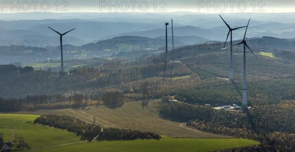 Aerial photo, wind turbines and construction site for a new wind turbine in the Riesenhagen forest area at Iserlohner Postweg and Eisenweg in Neuenrade, Sauerland, North Rhine-Westphalia, Germany, construction work, construction area, construction site, construction project, construction site, DE, Europe, aerial photo, aerial photography, aerial photography, new construction, Neuenrade, overview, bird's eye view, WEA, wind energy, wind turbine, wind power, wind turbine, wind farm, wind turbines, birds-eyes view, overview