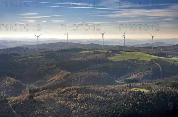 Aerial photo, wind turbines and construction site for a new wind turbine in the Riesenhagen forest area at Iserlohner Postweg and Eisenweg in Neuenrade, Sauerland, North Rhine-Westphalia, Germany, construction work, construction area, construction site, construction project, construction site, DE, Europe, aerial photo, aerial photography, aerial photography, new construction, Neuenrade, overview, bird's eye view, WEA, wind energy, wind turbine, wind power, wind turbine, wind farm, wind turbines, birds-eyes view, overview