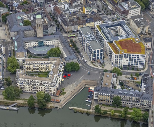 Aerial view, Ruhrbania, city centre of Mülheim, a week ago the Ruhr was flooded, course of the Ruhr, Broich - Ost, Mülheim an der Ruhr, Ruhr area, North Rhine-Westphalia, Germany, DE, Europe, birds-eyes view, aerial view, aerial photography, aerial photography, overview, bird's eye view, in front of and after