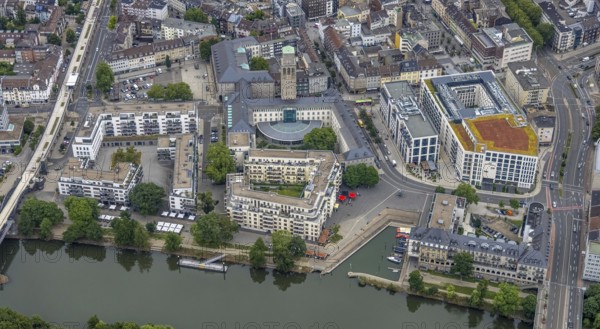 Aerial view, Ruhrbania, city centre of Mülheim, a week ago the Ruhr was flooded, course of the Ruhr, Broich - Ost, Mülheim an der Ruhr, Ruhr area, North Rhine-Westphalia, Germany, DE, Europe, birds-eyes view, aerial view, aerial photography, aerial photography, overview, bird's eye view