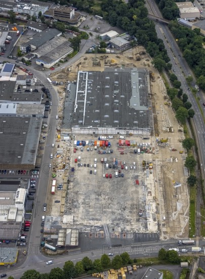 Aerial view, new construction of the burnt down Netto, Speldorf, Mülheim an der Ruhr, Ruhr area, North Rhine-Westphalia, Germany, DE, Europe, birds-eyes view, aerial photography, aerial photography, overview, overview, bird's eye view