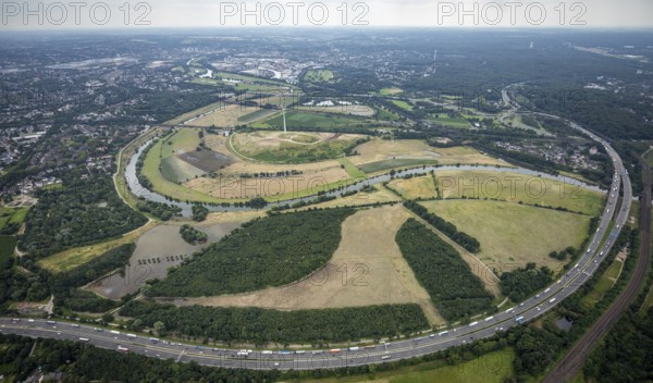 Aerial view, Ruhrbogen between Mülheim and Oberhausen Alstaden, a week ago there was still land under water here - the Ruhr was flooding, course of the Ruhr, Obermeiderich, Duisburg, Ruhr area, North Rhine-Westphalia, Germany, DE, Europe, birds-eyes view, aerial view, aerial photography, aerial photography, overview, bird's eye view