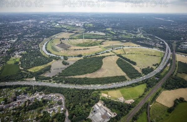 Aerial view, Ruhrbogen between Mülheim and Oberhausen Alstaden, a week ago there was still land under water here - the Ruhr was flooding, course of the Ruhr, Obermeiderich, Duisburg, Ruhr area, North Rhine-Westphalia, Germany, DE, Europe, birds-eyes view, aerial view, aerial photography, aerial photography, overview, bird's eye view