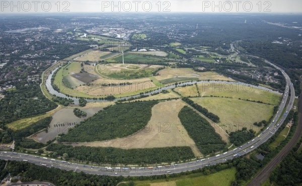 Aerial view, Ruhrbogen between Mülheim and Oberhausen Alstaden, a week ago there was still land under water here - the Ruhr was flooding, course of the Ruhr, Obermeiderich, Duisburg, Ruhr area, North Rhine-Westphalia, Germany, DE, Europe, birds-eyes view, aerial view, aerial photography, aerial photography, overview, bird's eye view