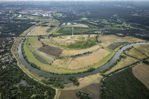 Aerial view, Ruhrbogen between Mülheim and Oberhausen Alstaden, a week ago there was still land under - the Ruhr was flooding, course of the Ruhr, Obermeiderich, Duisburg, Ruhr area, North Rhine-Westphalia, Germany, DE, Europe, birds-eyes view, aerial view, aerial photography, aerial photography, overview, bird's eye view, in front of and after