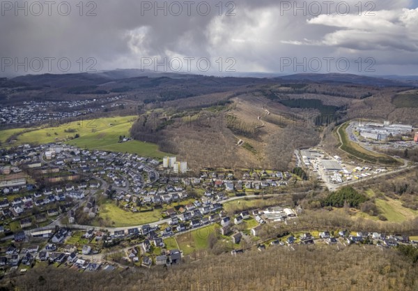Forest damage and clear-cutting, Salchendorf, Neunkirchen, Siegerland, North Rhine-Westphalia, Germany, tree mortality, DE, Europe, timber storage, clear-cutting, aerial photograph, aerial photography, aerial photography, overview, bird's-eye view, forest, forest area, forest damage, forest mortality, birds-eyes view, overview