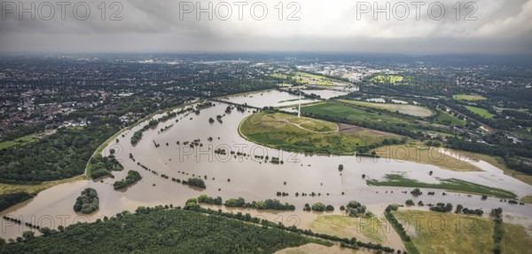 Aerial photo, Ruhr flood, flooding, Ruhrbogen between Oberhausen-Alstaden and Mülheim, Alstaden, Oberhausen, Ruhr area, North Rhine-Westphalia, Germany, Duisburg, DE, Europe, birds-eyes view, aerial photo, aerial photography, aerial photography, overview, overview, bird's eye view, floods, floods of the century