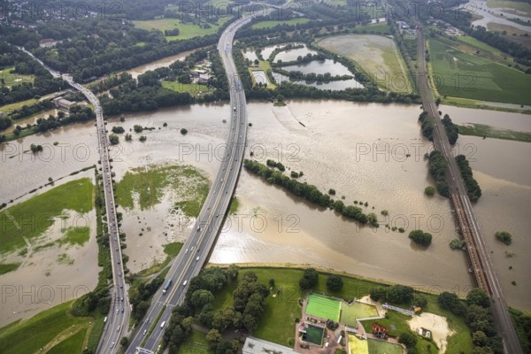 Aerial photo, Ruhr flood, flooding, Styrum - South, Mülheim an der Ruhr, Ruhr area, North Rhine-Westphalia, Germany, DE, Europe, birds-eyes view, aerial photo, aerial photography, aerial photography, overview, overview, bird's eye view, floods, floods of the century
