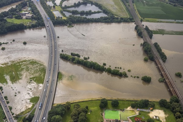 Aerial photo, Ruhr flood, flooding, Styrum - South, Mülheim an der Ruhr, Ruhr area, North Rhine-Westphalia, Germany, DE, Europe, birds-eyes view, aerial photo, aerial photography, aerial photography, overview, overview, bird's eye view, floods, floods of the century