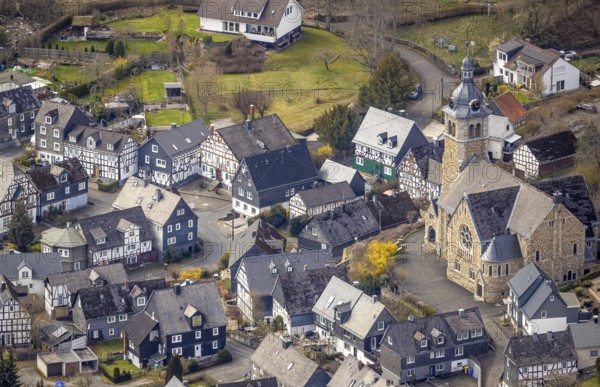 Protestant Church Neunkirchen, Salchendorf, Neunkirchen, Siegerland, North Rhine-Westphalia, Germany, place of worship, DE, Europe, half-timbered houses, religious community, place of worship, holy place, church, parish, church street, denomination, aerial view, aerial photograph, aerial photography, aerial photography, religion, religious site, overview, bird's-eye view, birds-eyes view, overview