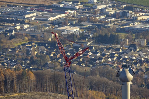 Aerial photo, wind turbines and construction site for a new wind turbine in the Riesenhagen forest area at Iserlohner Postweg and Eisenweg in Neuenrade, Sauerland, North Rhine-Westphalia, Germany, construction work, construction area, construction site, construction project, construction site, DE, Europe, aerial photo, aerial photography, aerial photography, new construction, Neuenrade, overview, bird's eye view, WEA, wind energy, wind turbine, wind power, wind turbine, wind farm, wind turbines, birds-eyes view, overview