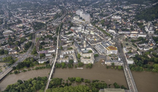 Aerial photo, Ruhr flood, flooding, Ruhrbania with flooding in the old town I, Mülheim an der Ruhr, Ruhr area, North Rhine-Westphalia, Germany, DE, Europe, birds-eyes view, aerial photo, aerial photography, aerial photography, overview, overview, bird's eye view, floods, floods of the century