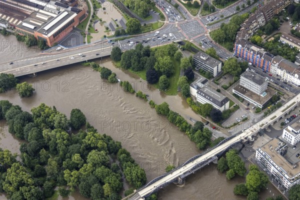 Aerial photograph, Ruhr flood, flooding, Altstadt I, Mülheim an der Ruhr, Ruhr area, North Rhine-Westphalia, Germany, DE, Europe, birds-eyes view, aerial photograph, aerial photography, aerial photography, overview, bird's eye view, floods, floods of the century
