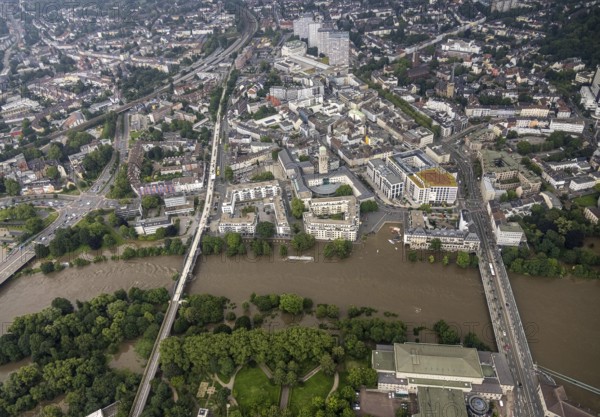 Aerial photo, Ruhr flood, flooding, Ruhrbania with flooding in the old town I, Mülheim an der Ruhr, Ruhr area, North Rhine-Westphalia, Germany, DE, Europe, birds-eyes view, aerial photo, aerial photography, aerial photography, overview, overview, bird's eye view, floods, floods of the century