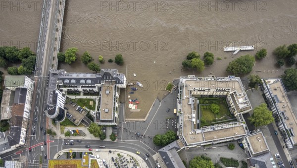 Aerial photo, Ruhr flood, flooding, Ruhrbania with flooding in the old town I, Mülheim an der Ruhr, Ruhr area, North Rhine-Westphalia, Germany, DE, Europe, birds-eyes view, aerial photo, aerial photography, aerial photography, overview, overview, bird's eye view, floods, floods of the century