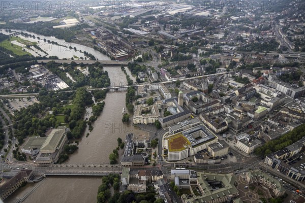 Aerial photo, Ruhr flood, flooding, Ruhrbania with flooding in the old town I, Mülheim an der Ruhr, Ruhr area, North Rhine-Westphalia, Germany, DE, Europe, birds-eyes view, aerial photo, aerial photography, aerial photography, overview, overview, bird's eye view, floods, floods of the century