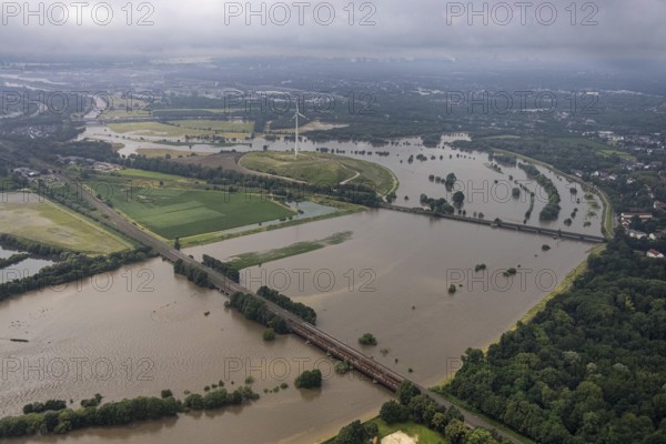 Aerial photo, Ruhr flood, flooding, Styrum - South, Mülheim an der Ruhr, Ruhr area, North Rhine-Westphalia, Germany, DE, Europe, birds-eyes view, aerial photo, aerial photography, aerial photography, overview, overview, bird's eye view, floods, floods of the century