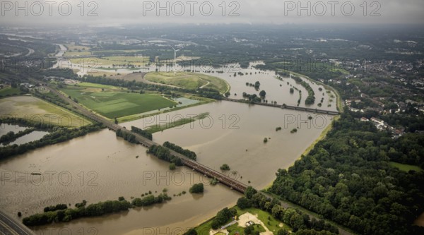 Aerial photo, Ruhr flood, flooding, Styrum - South, Mülheim an der Ruhr, Ruhr area, North Rhine-Westphalia, Germany, DE, Europe, birds-eyes view, aerial photo, aerial photography, aerial photography, overview, overview, bird's eye view, floods, floods of the century