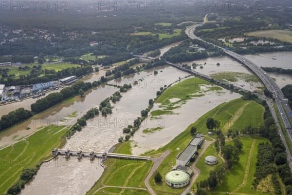 Aerial photograph, Ruhr floods, floods at the Styrum waterworks, Raffelberg lock, Styrum - South, Mülheim an der Ruhr, Ruhr area, North Rhine-Westphalia, Germany, DE, Europe, birds-eyes view, aerial photograph, aerial photography, aerial photography, overview, overview, bird's eye view, floods, floods of the century