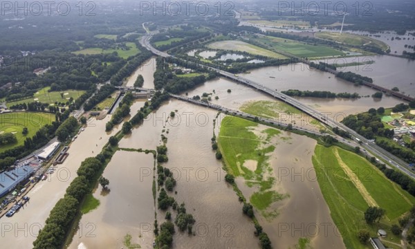 Aerial photo, Ruhr flood, flooding, Styrum - South, Mülheim an der Ruhr, Ruhr area, North Rhine-Westphalia, Germany, DE, Europe, birds-eyes view, aerial photo, aerial photography, aerial photography, overview, overview, bird's eye view, floods, floods of the century