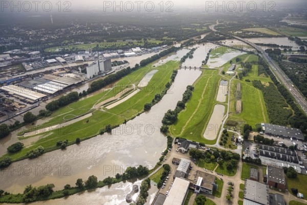 Aerial photograph, Ruhr floods, floods at the Styrum waterworks, Styrum - South, Mülheim an der Ruhr, Ruhr area, North Rhine-Westphalia, Germany, DE, Europe, birds-eyes view, aerial photograph, aerial photography, aerial photography, overview, bird's eye view, floods, floods of the century