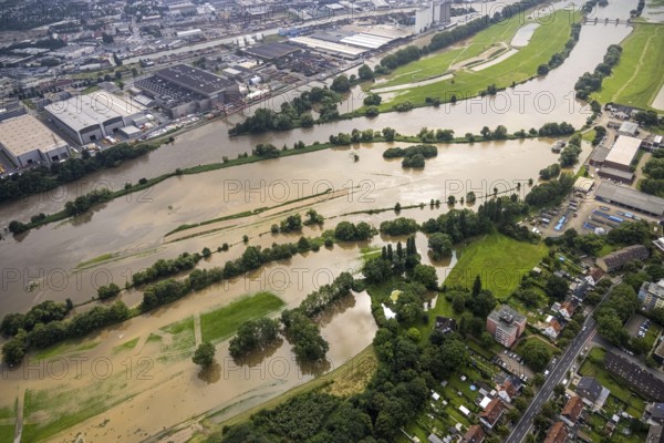 Aerial photograph, Ruhr floods, floods at the Styrum waterworks, Styrum - South, Mülheim an der Ruhr, Ruhr area, North Rhine-Westphalia, Germany, DE, Europe, birds-eyes view, aerial photograph, aerial photography, aerial photography, overview, bird's eye view, floods, floods of the century