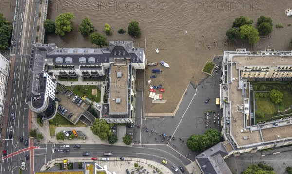 Aerial photo, Ruhr flood, flooding, Ruhrbania with flooding in the old town I, Mülheim an der Ruhr, Ruhr area, North Rhine-Westphalia, Germany, DE, Europe, birds-eyes view, aerial photo, aerial photography, aerial photography, overview, overview, bird's eye view, floods, floods of the century