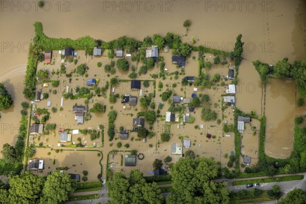 Aerial view, Ruhr flood, flooding, flooded allotment garden site at Holunderweg Mintarder Straße, Saarn, Mülheim an der Ruhr, Ruhr area, North Rhine-Westphalia, Germany, DE, Europe, birds-eyes view, aerial photograph, aerial photography, aerial photography, overview, bird's eye view, floods, floods of the century